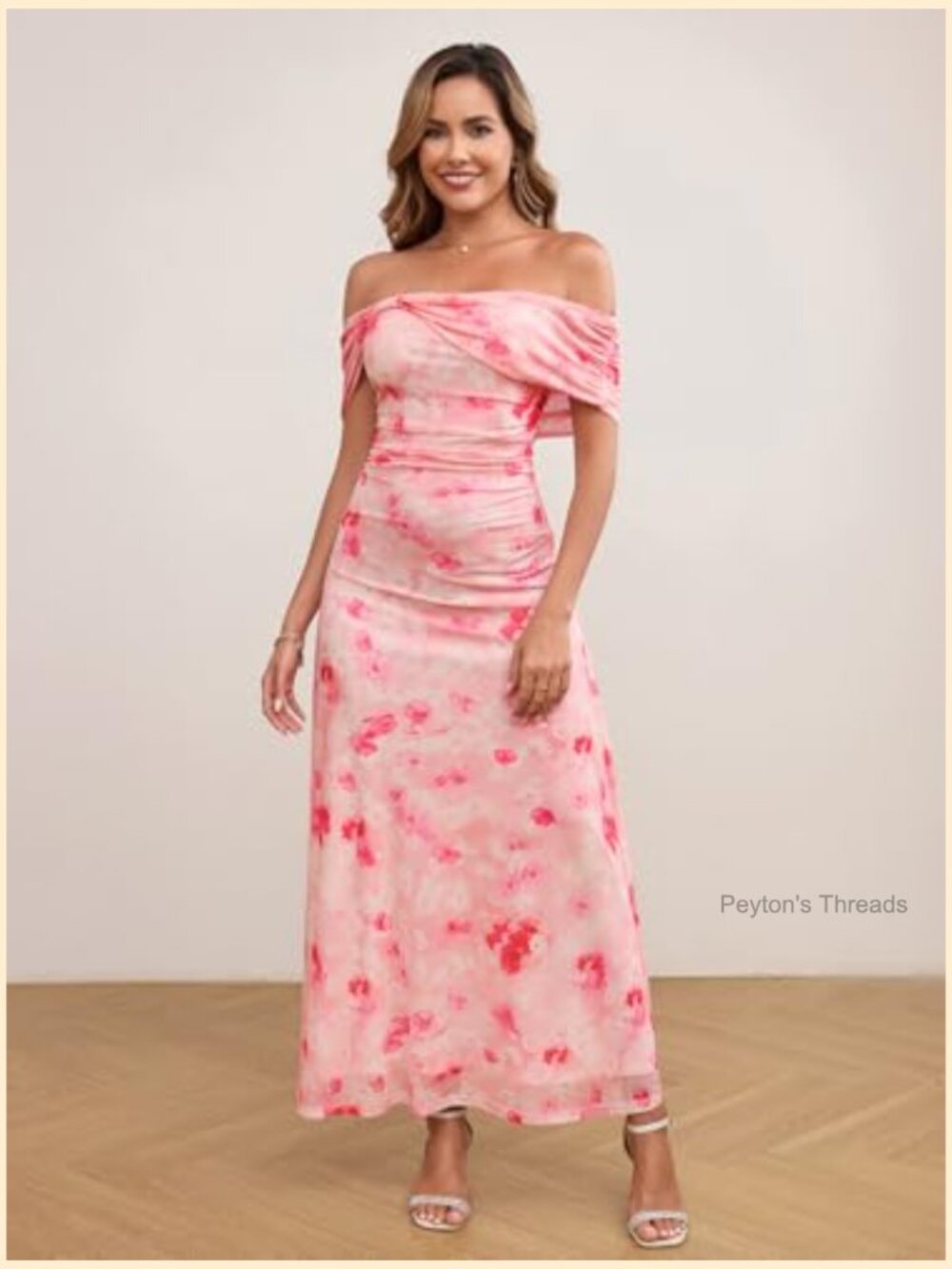 Off Shoulder Floral Bodycon Maxi Dress Ruched Long Formal Wedding - Picture 5 of 7